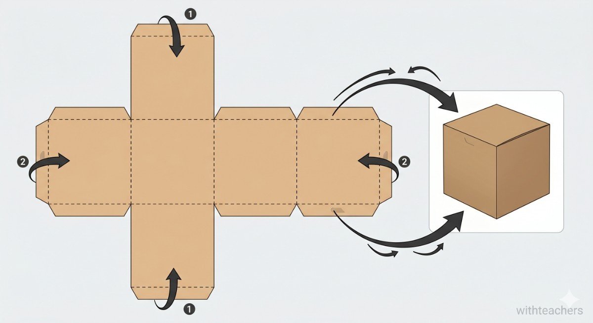 A flattened cardboard box is shown as a two-dimensional net, with folded arrows indicating exactly how it seamlessly folds back into a three-dimensional cube