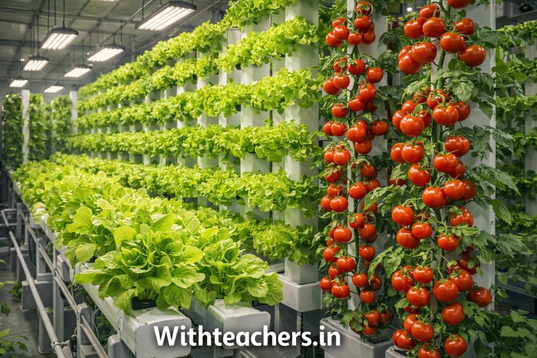 A lush indoor vertical hydroponic garden showing rows of fresh green lettuce and ripe red tomatoes growing seamlessly without soil