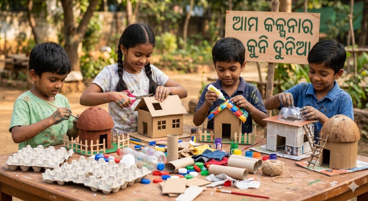 creatively using recycled materials like empty cardboard boxes, plastic bottles, and coconut